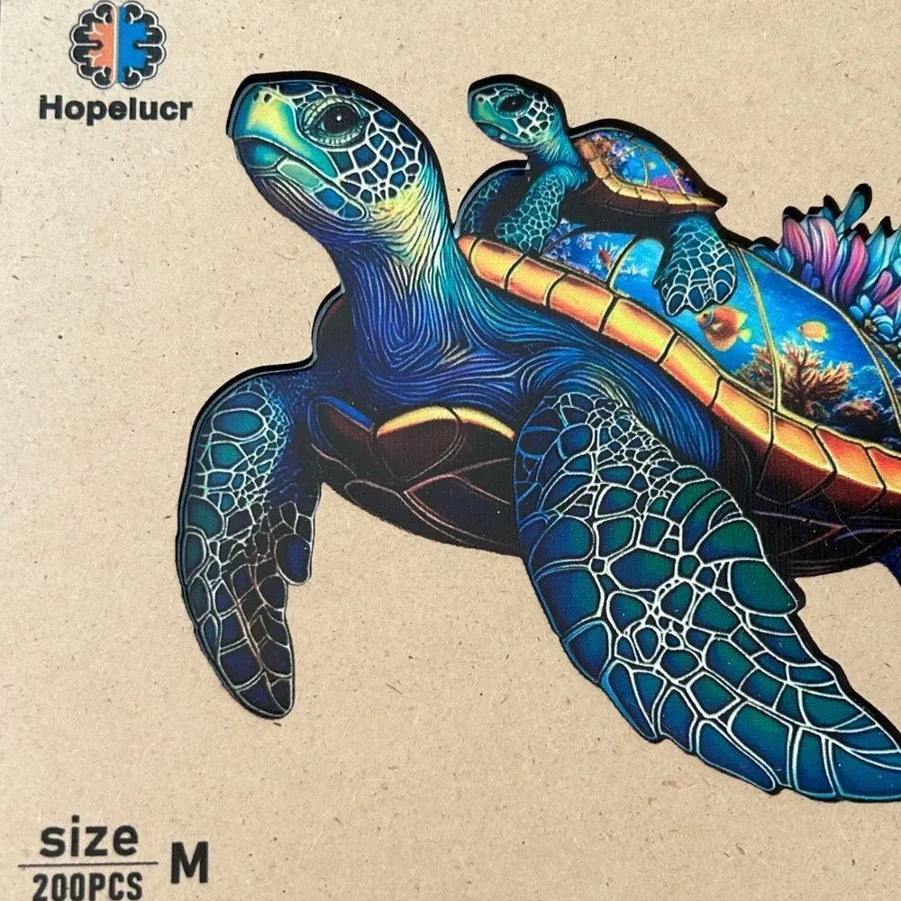 Colorful Sea Turtle Art 🖼️ Puzzle 🧩 wood box & burlap bag